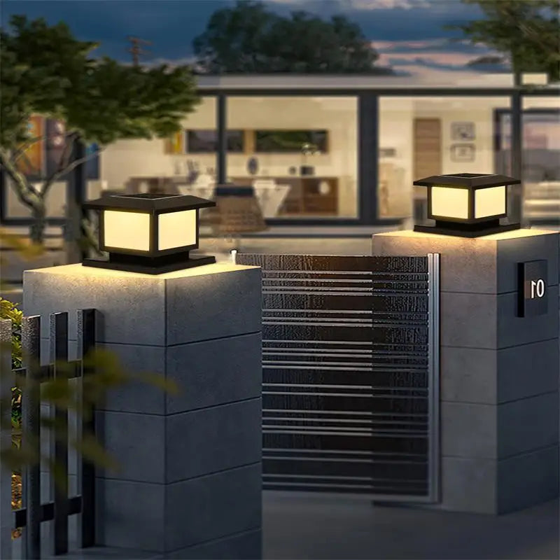 Modern Solar LED Pillar Cap Light Eonara – Lattice design on modern gate piers at dusk