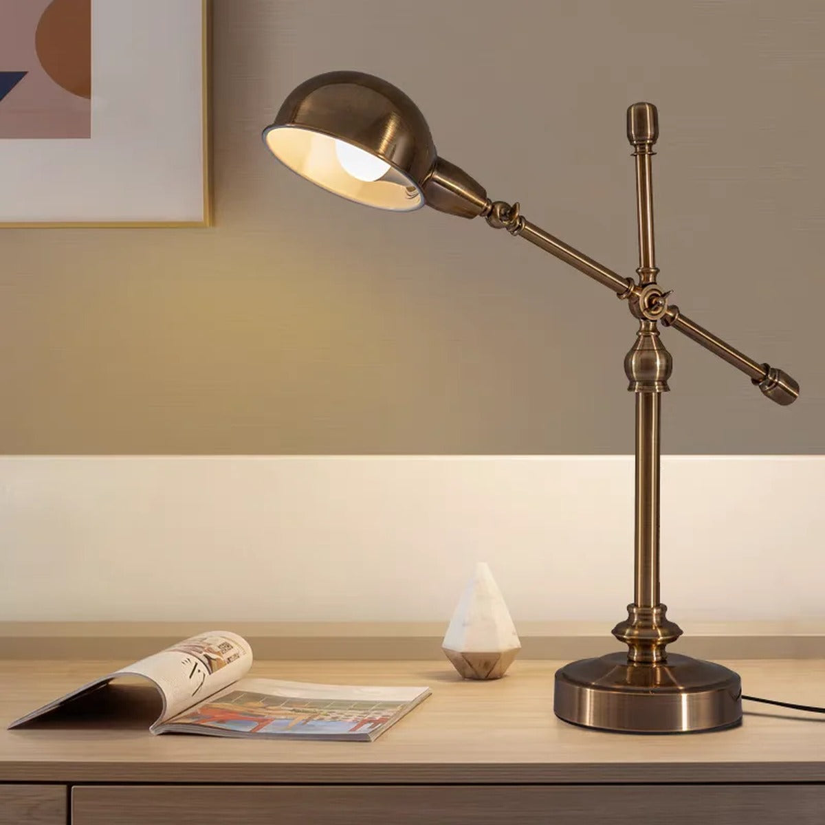 Talvern antique brass articulated desk lamp — Dome Shade, warm study setting