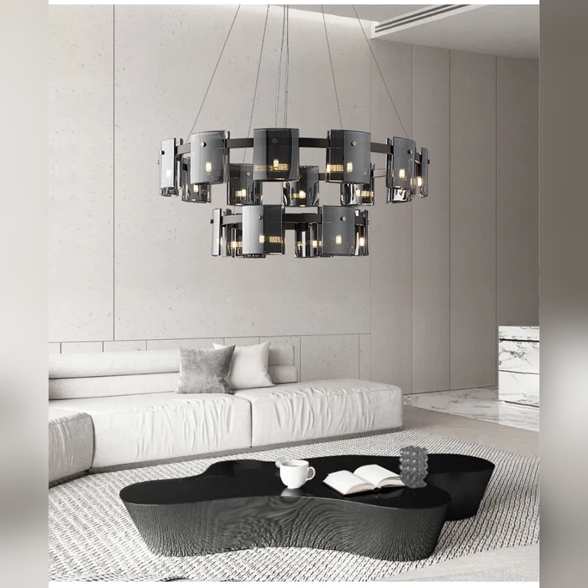 Kelrix two-tier chandelier in Smoke Grey glass, large statement piece