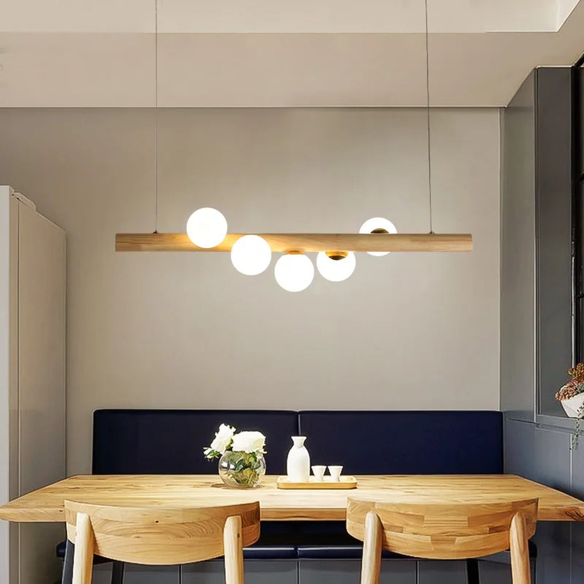 Staggered Glass Orb Wood Beam Chandelier – Orbison – Detail, Installed