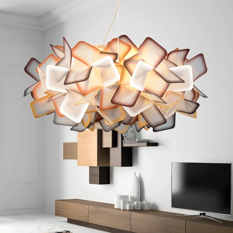 Lumero organic diffused acrylic petal chandelier, colorful multi-tone finish, in a modern living room