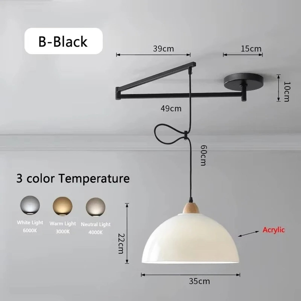Swing-Arm Pendant Light – Galrex – Style B shade in black, dimensions and finish