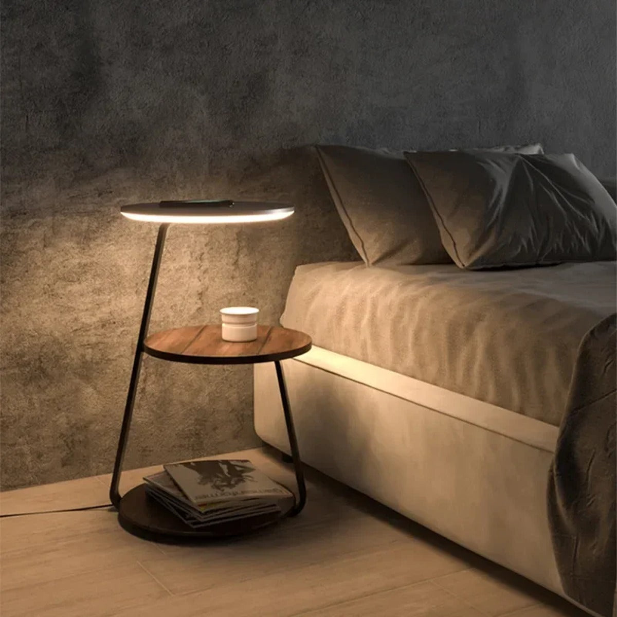 Tiered Wood & Iron Side Table Lamp Lingerith – Bedside Lifestyle