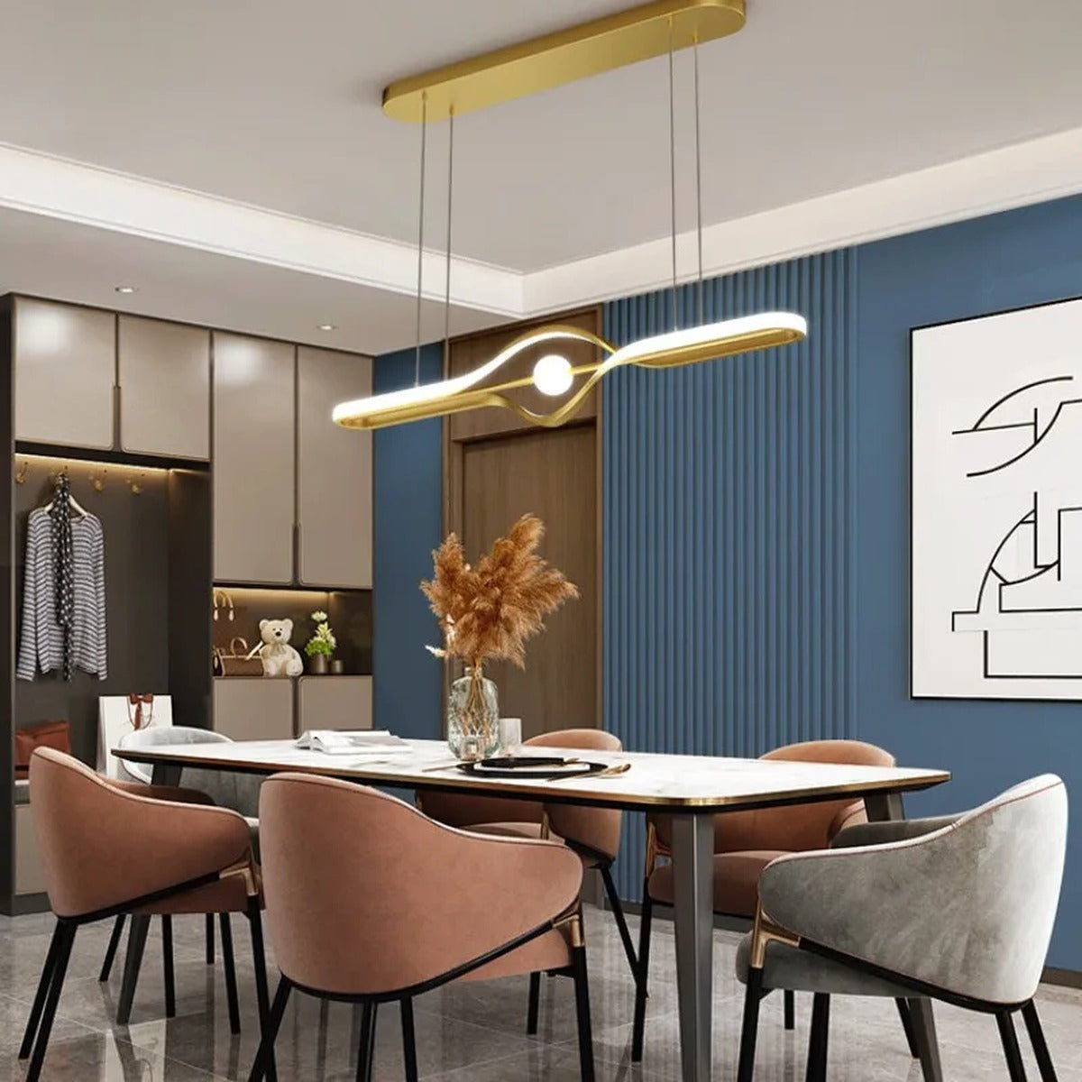 Ondara sinuous wave linear LED pendant light in warm gold finish