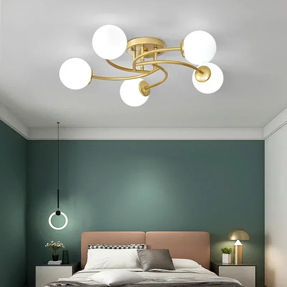 Curved Arm Glass Globe Ceiling Light – Orivex – Lifestyle View 3