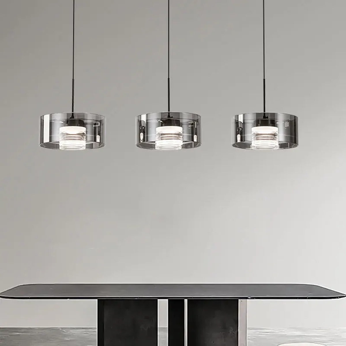 Smoked Glass Drum Pendant Light Orinthe – Linear 3-Light Bar over dining table
