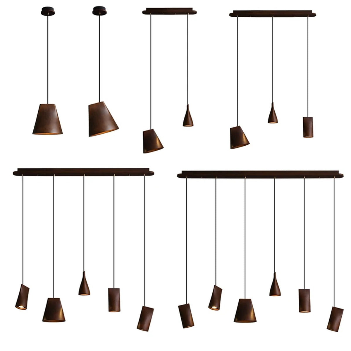 Solid Wood Sculptural Multi-Pendant Chandelier – Larven – Configuration Overview