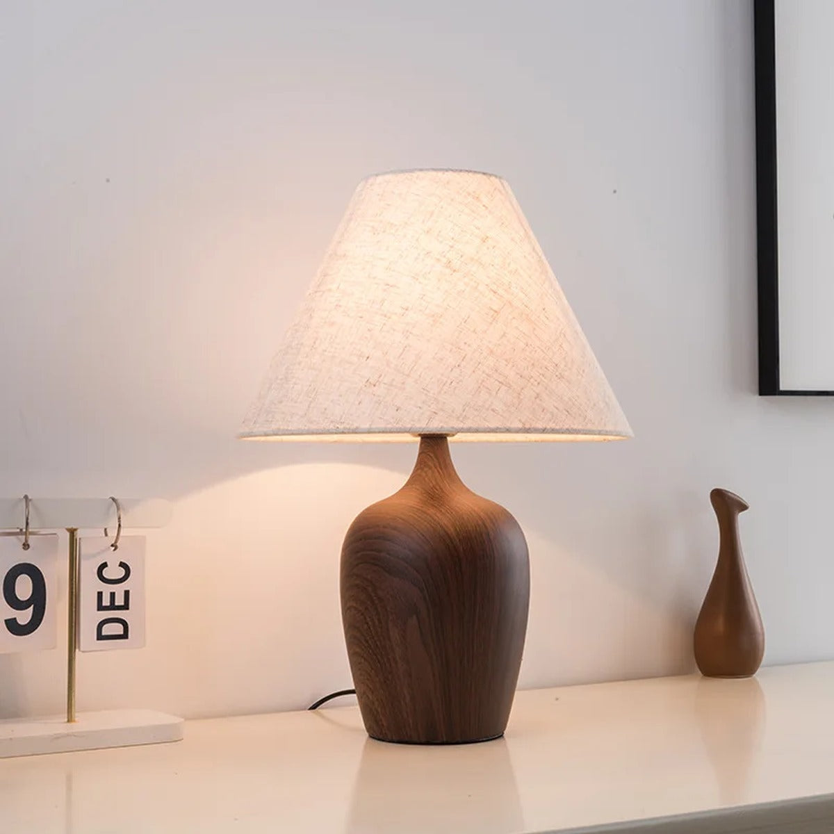Wood-Effect Vase Base Table Lamp – Pausen – Natural Linen Shade, Lifestyle