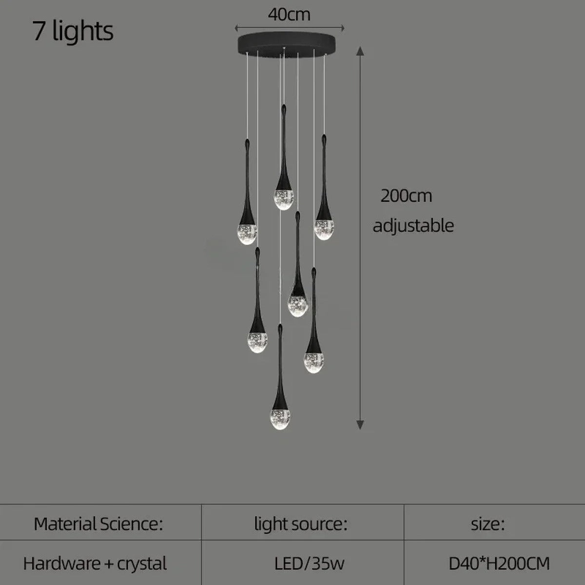Crystal Raindrop Spiral Chandelier – Lumenvault – Size Chart, 7 Lights