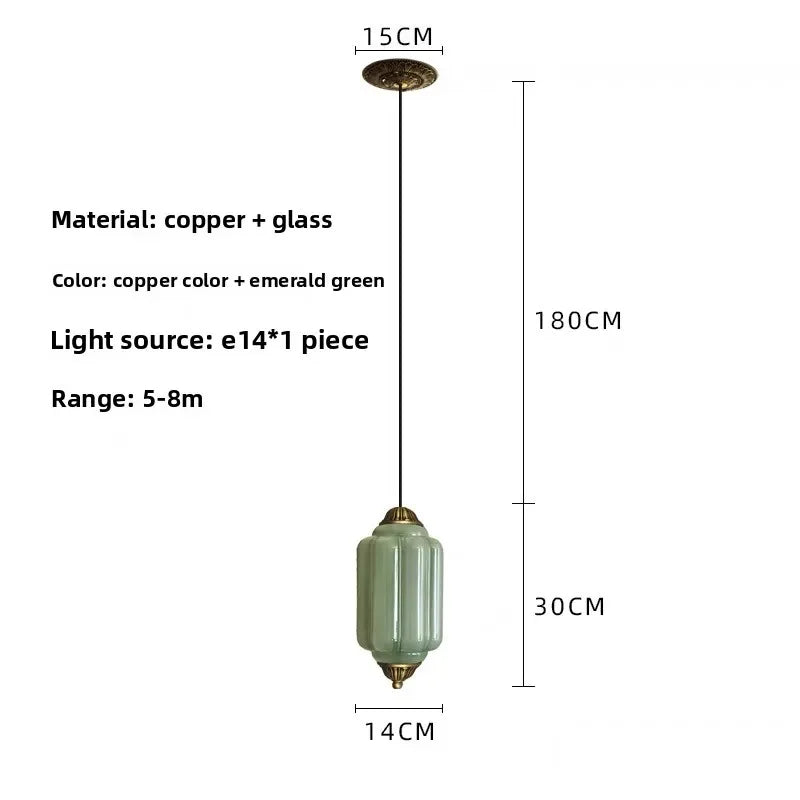 French Fluted Glass Pendant Light Waelion – Column shape in Jade Green, dimensions