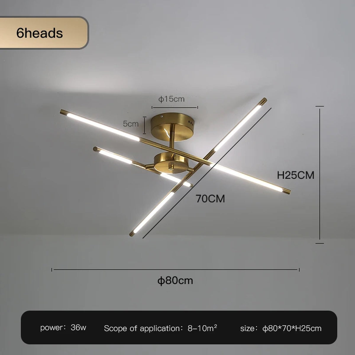 Solendra Gold 6 Heads dimension diagram, 80cm diameter