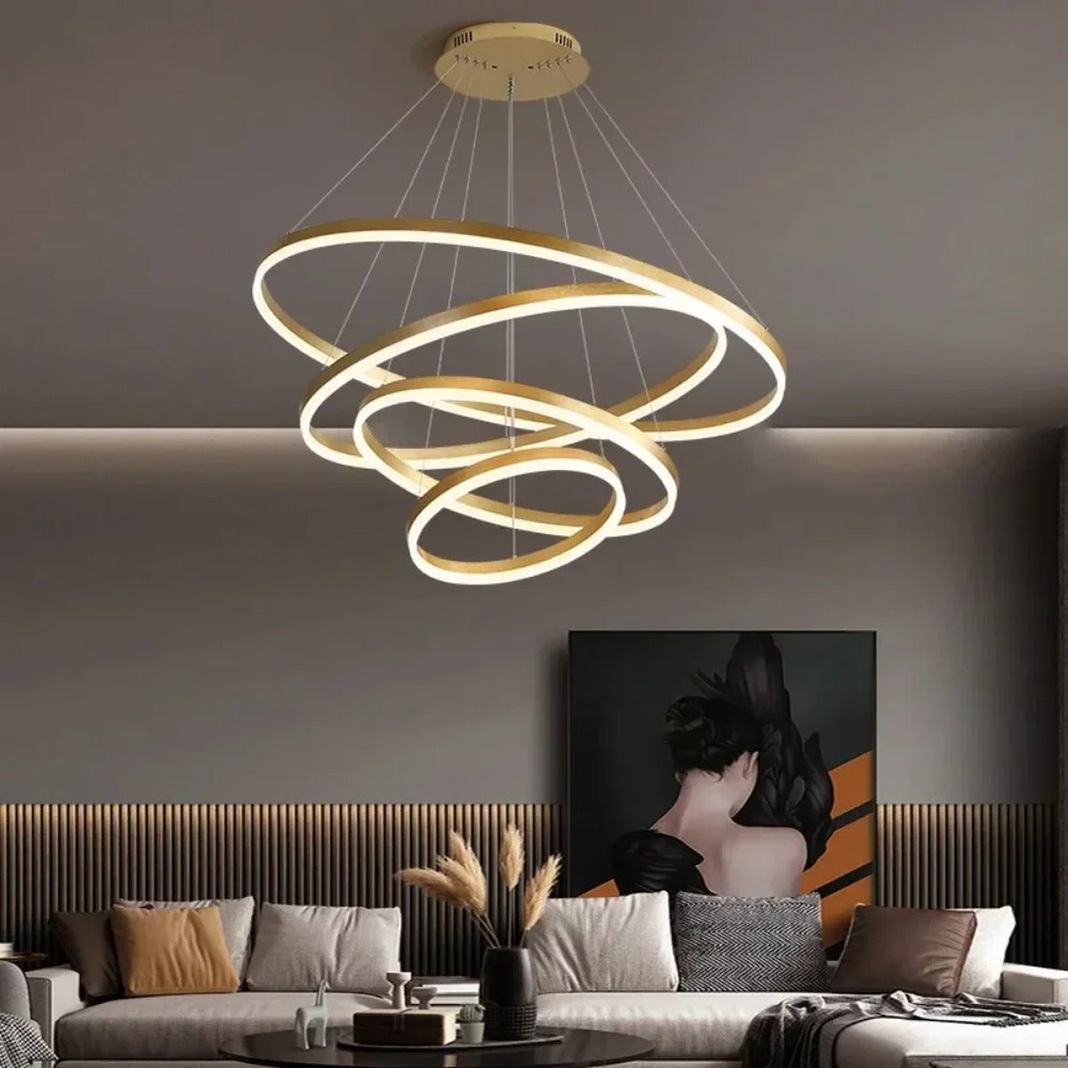 Hexalum cascading ring chandelier in Gold, six-ring configuration, living room