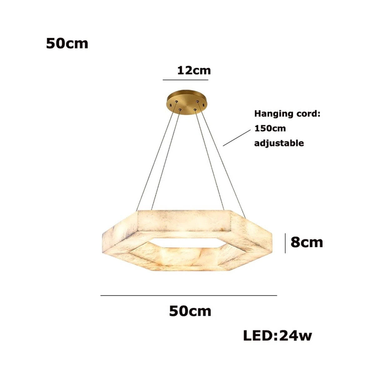 Orivex hexagonal alabaster pendant, Ø50cm ring — dimensions