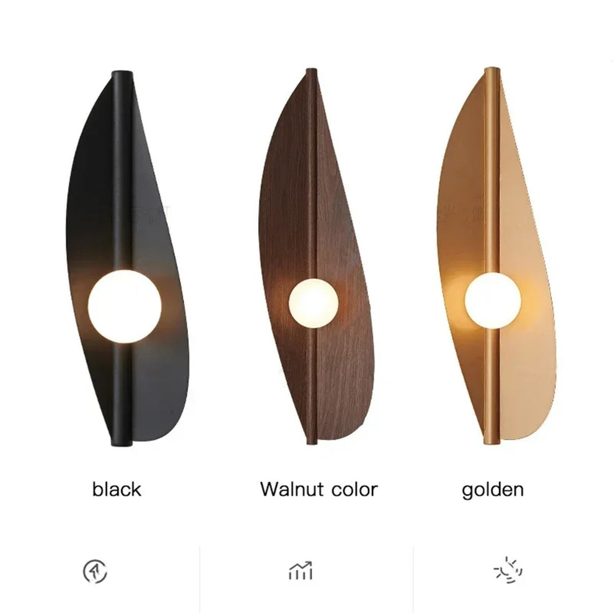 Wabi-Sabi Leaf-Form Wall Sconce Velanthos — Black, Gold and Walnut finishes compared