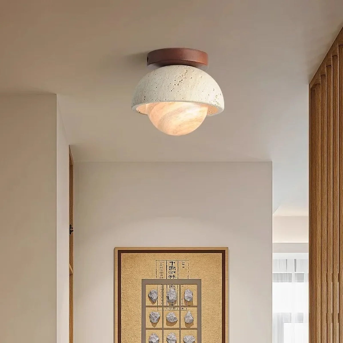 Travertine Flush Mount Ceiling Light Travonis – Lifestyle View, Milk White