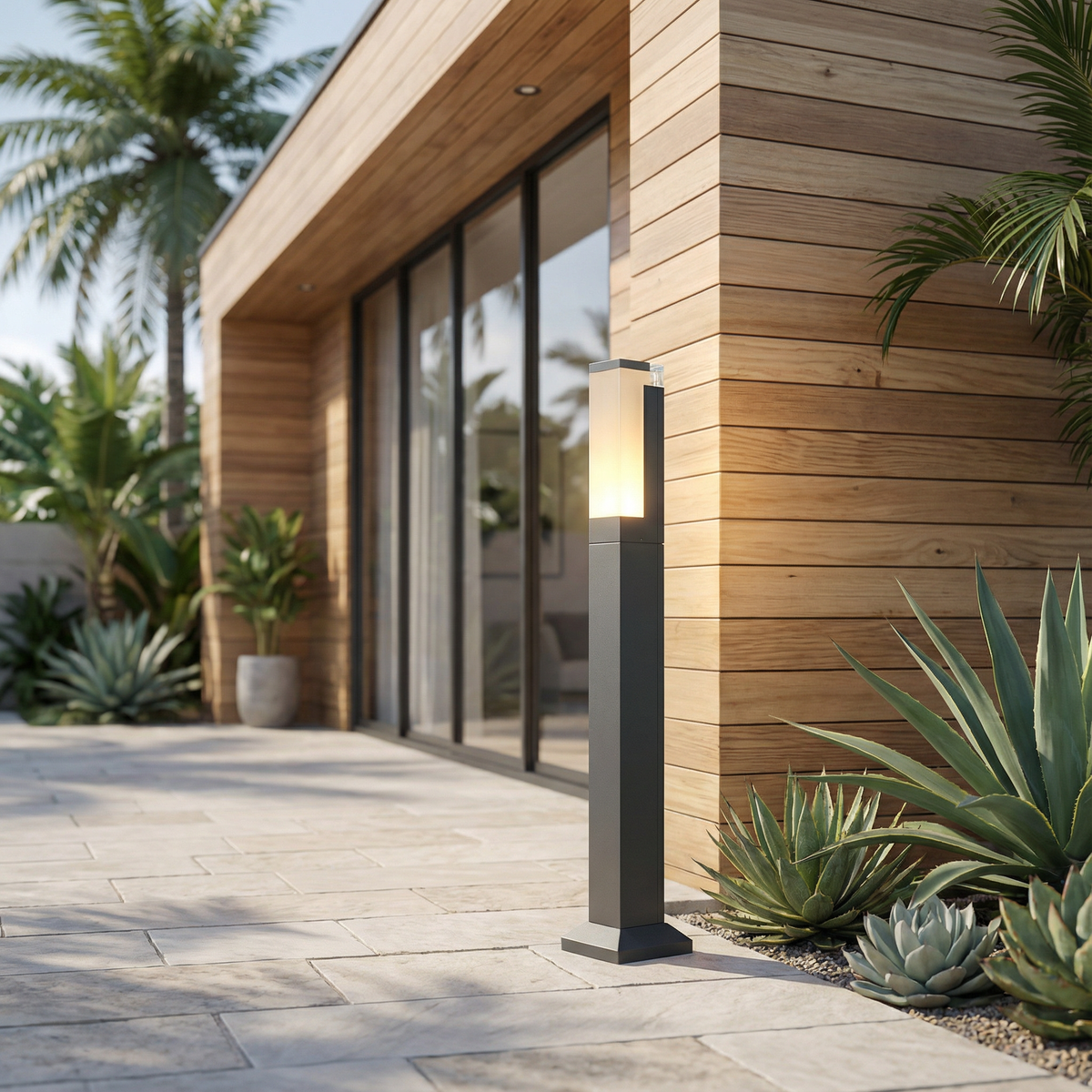 Modern Aluminium Garden Path Light Evmora - lifestyle, illuminated beside a modern patio at dusk