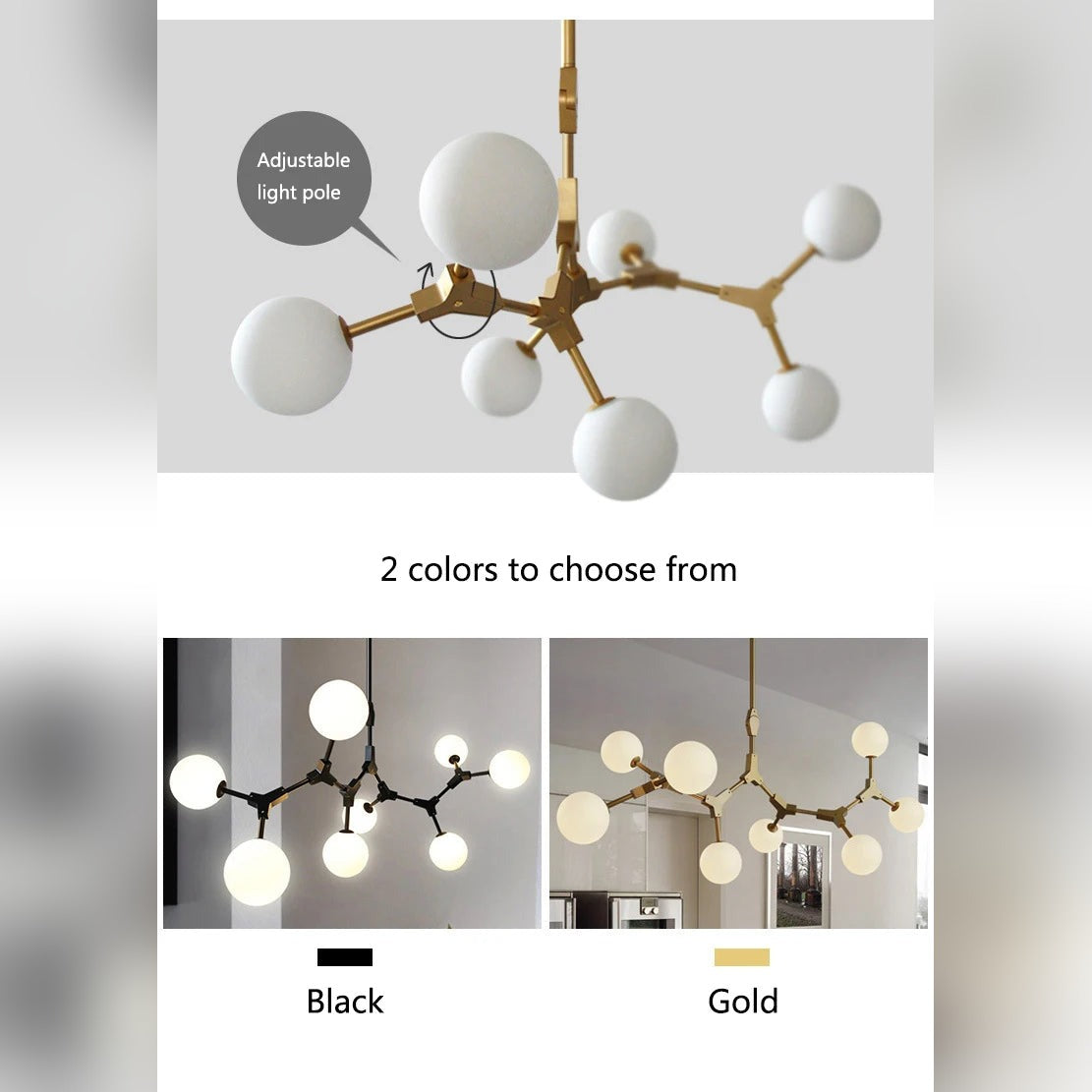 Caeston chandelier available in gold and black finishes