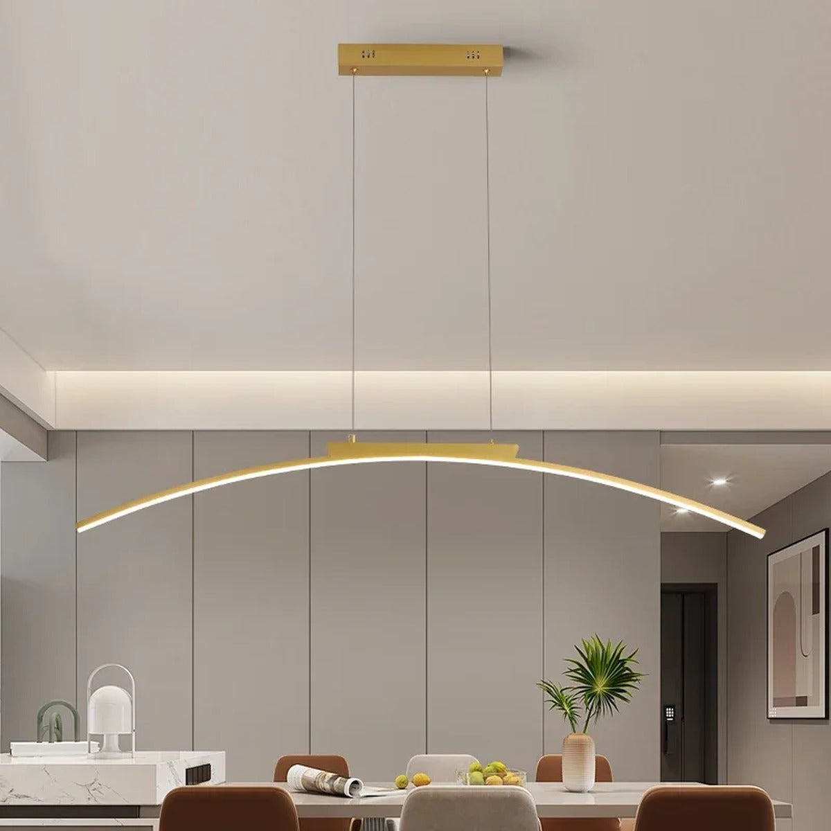 Architectural Gold Arc Pendant Light Curvanth – Lifestyle View 2