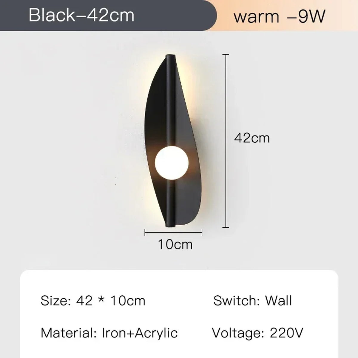 Wabi-Sabi Leaf-Form Wall Sconce Velanthos — Black 42 cm