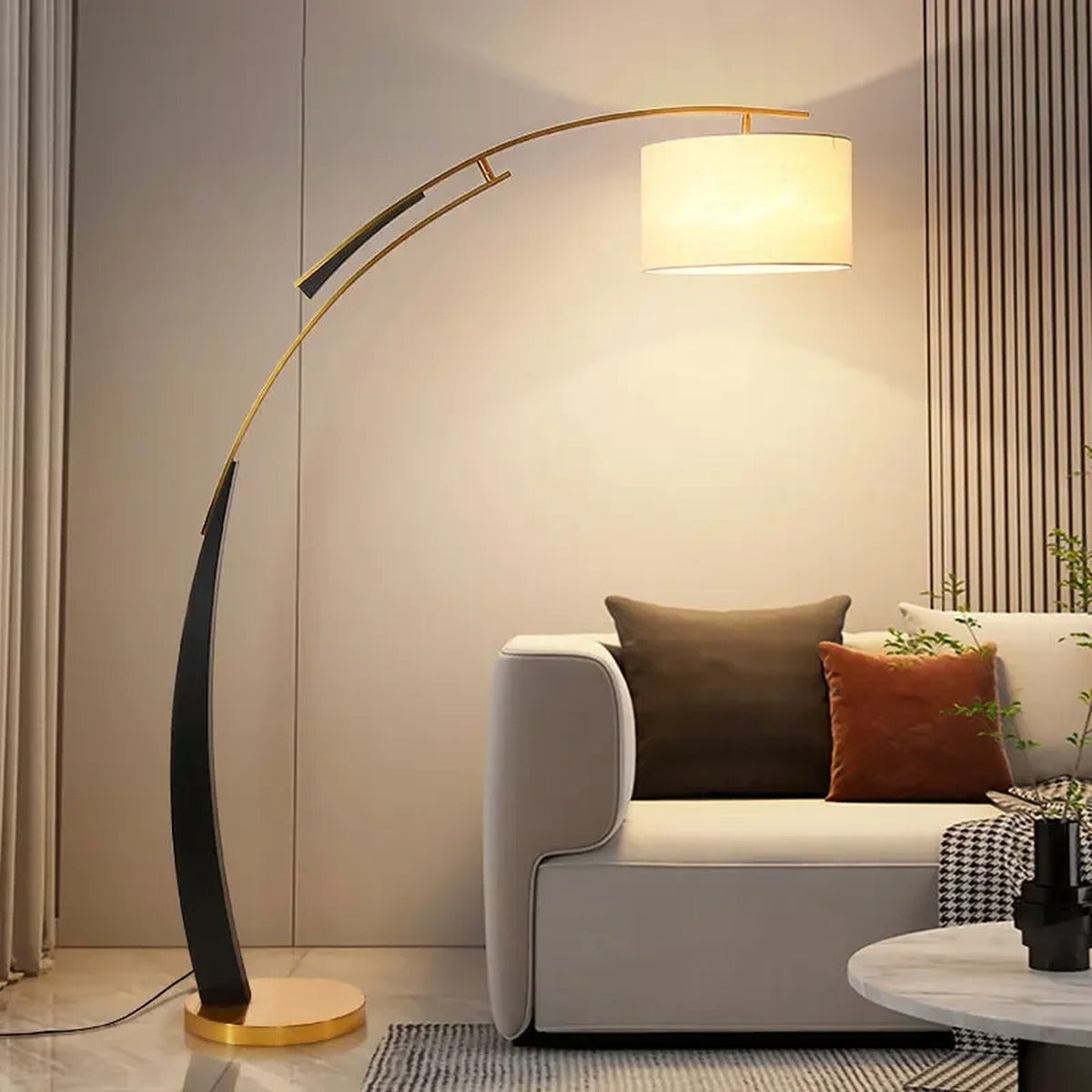 Modern Black & Gold Arc Floor Lamp – Renaith – Lifestyle Hero Shot