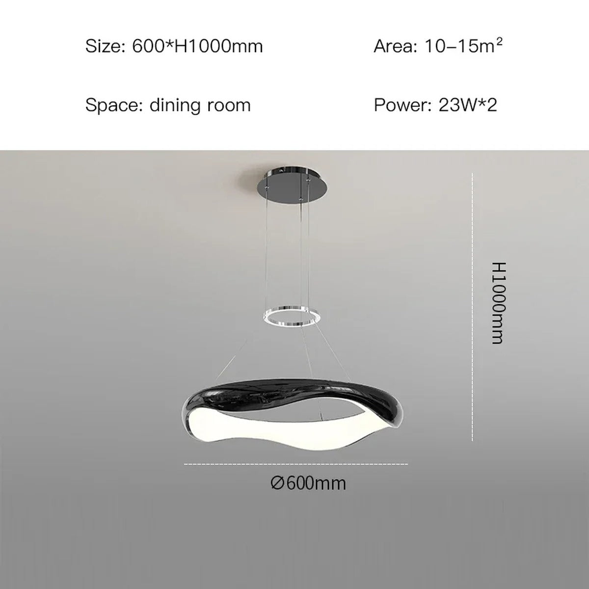 Sculptural Wave-Ring LED Pendant Light Orivaux — Black 60cm