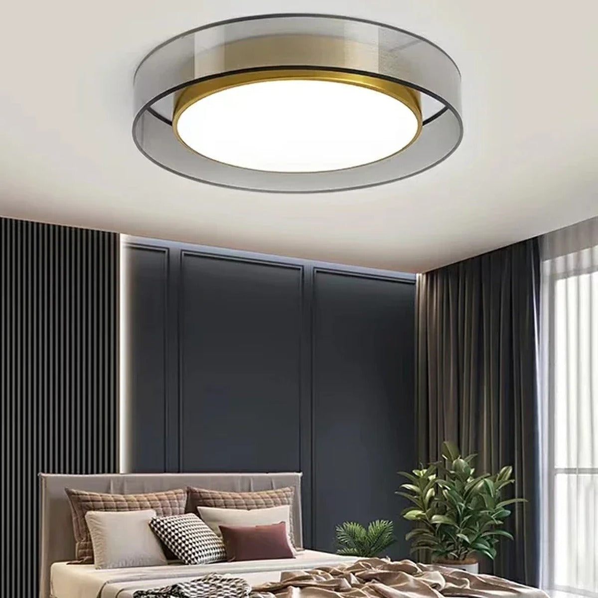 Meridex Round Brass Ring Flush Mount Ceiling Light — lifestyle view in bedroom