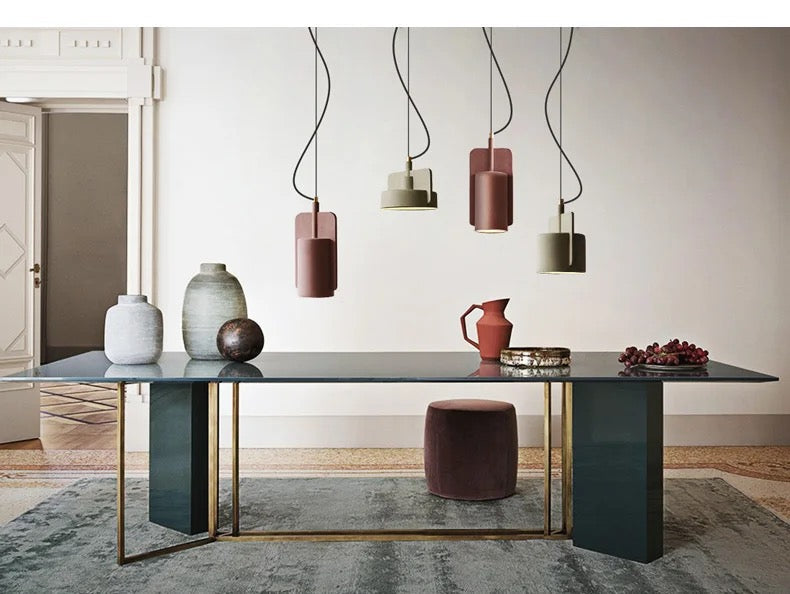 Nordic Industrial Geometric Pendant Light Kvaelindra – editorial dining table styling, three silhouettes and colors