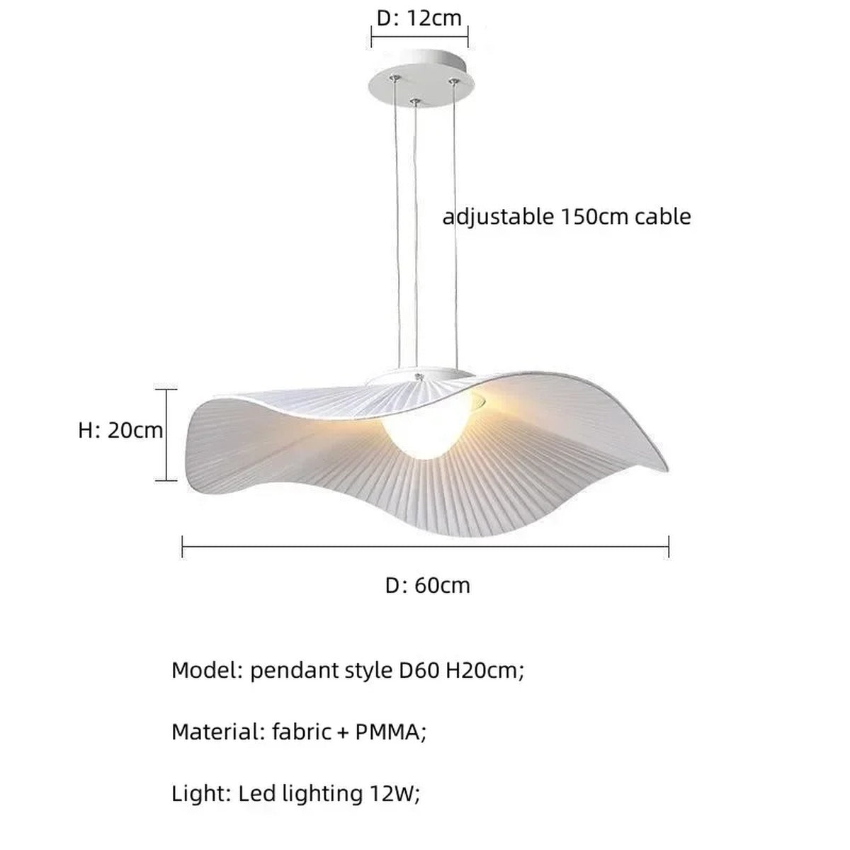 Sculptural Pleated Fabric Pendant – Dominaire – Single-Layer Pendant Ø60cm Dimensions