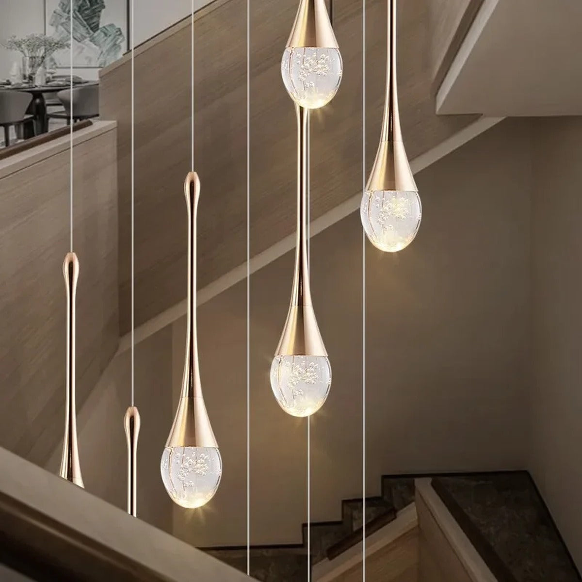 Crystal Raindrop Spiral Chandelier – Lumenvault – Staircase Installation Detail