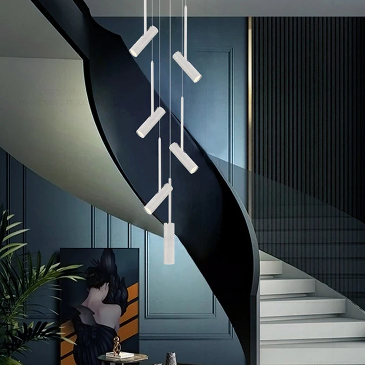 Solerno adjustable multi-head spot pendant — lifestyle, staircase installation