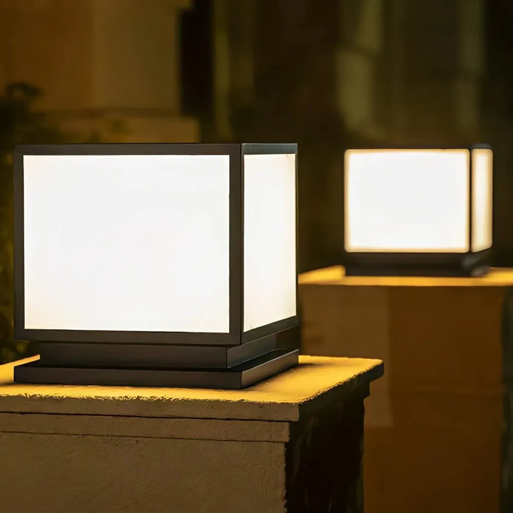 Eonara Cube design solar pillar light, evening ambiance pair