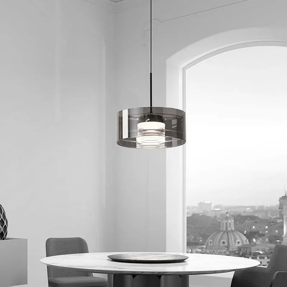 Smoked Glass Drum Pendant Light Orinthe – Lifestyle, Single Pendant over marble table