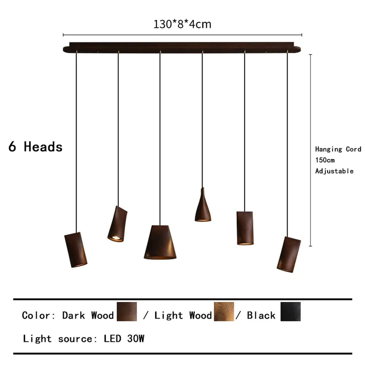 Solid Wood Sculptural Multi-Pendant Chandelier – Larven – 6-Head Linear Dimensions