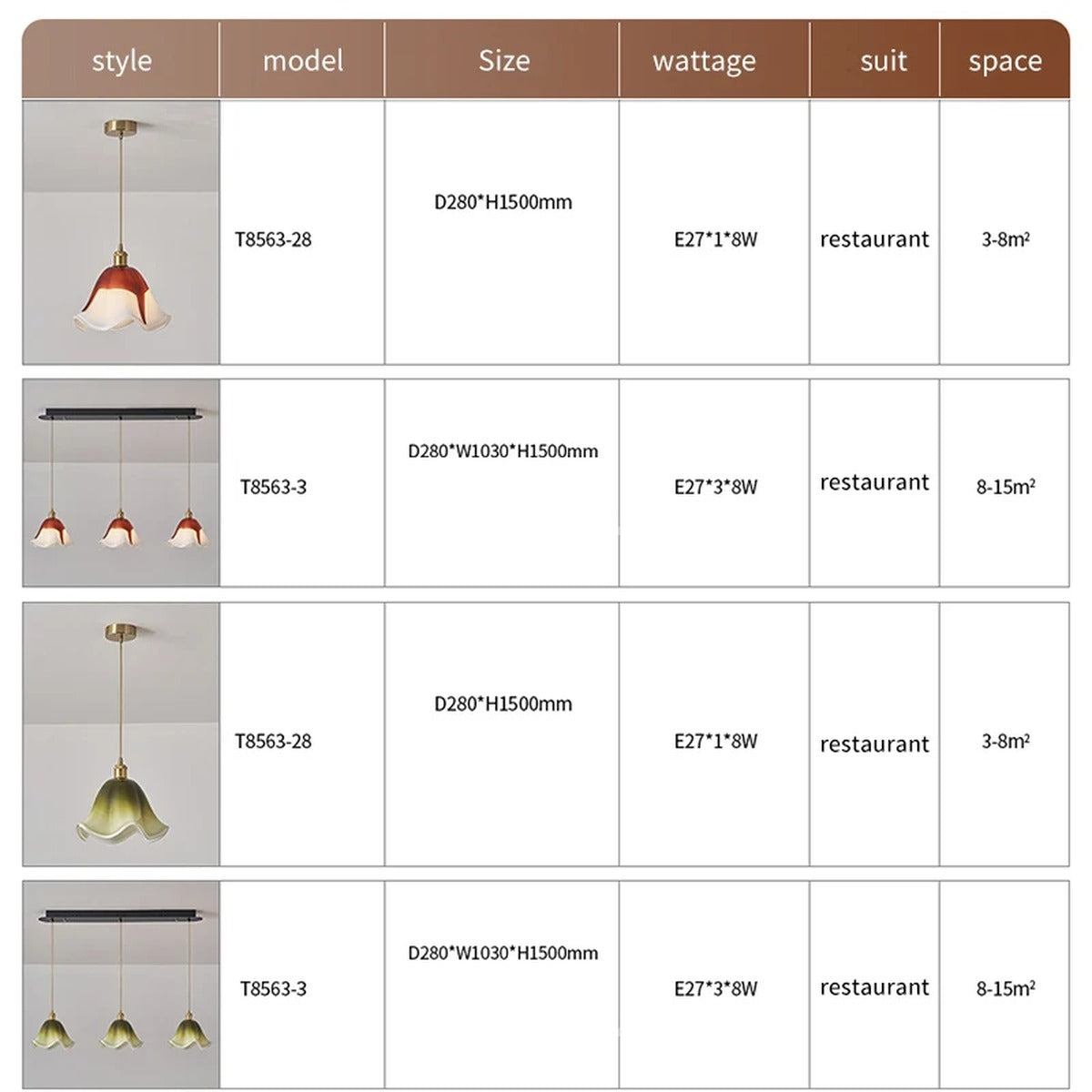 Florvane pendant light dimensions and specifications chart