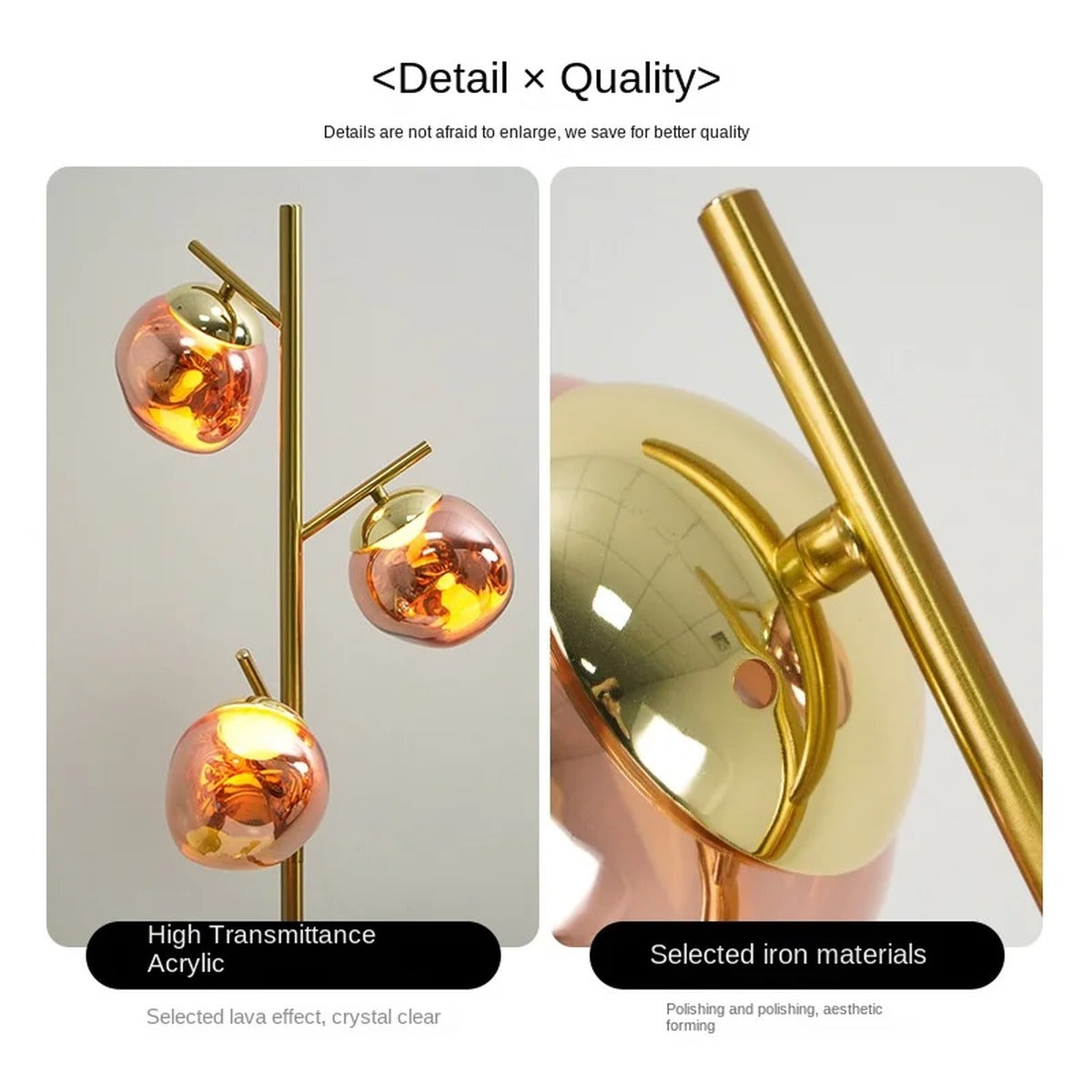 Ambris floor lamp detail, rose gold molten glass globes and brass joints