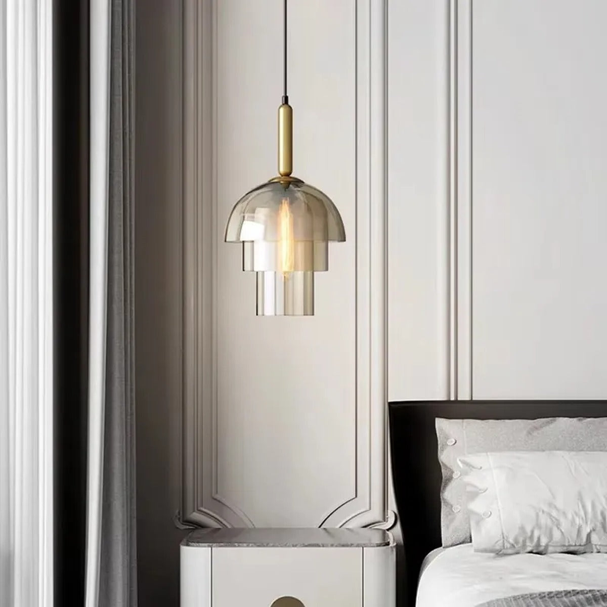 Tiered Cognac Glass Dome Pendant Light – Quarlix – bedside lifestyle view