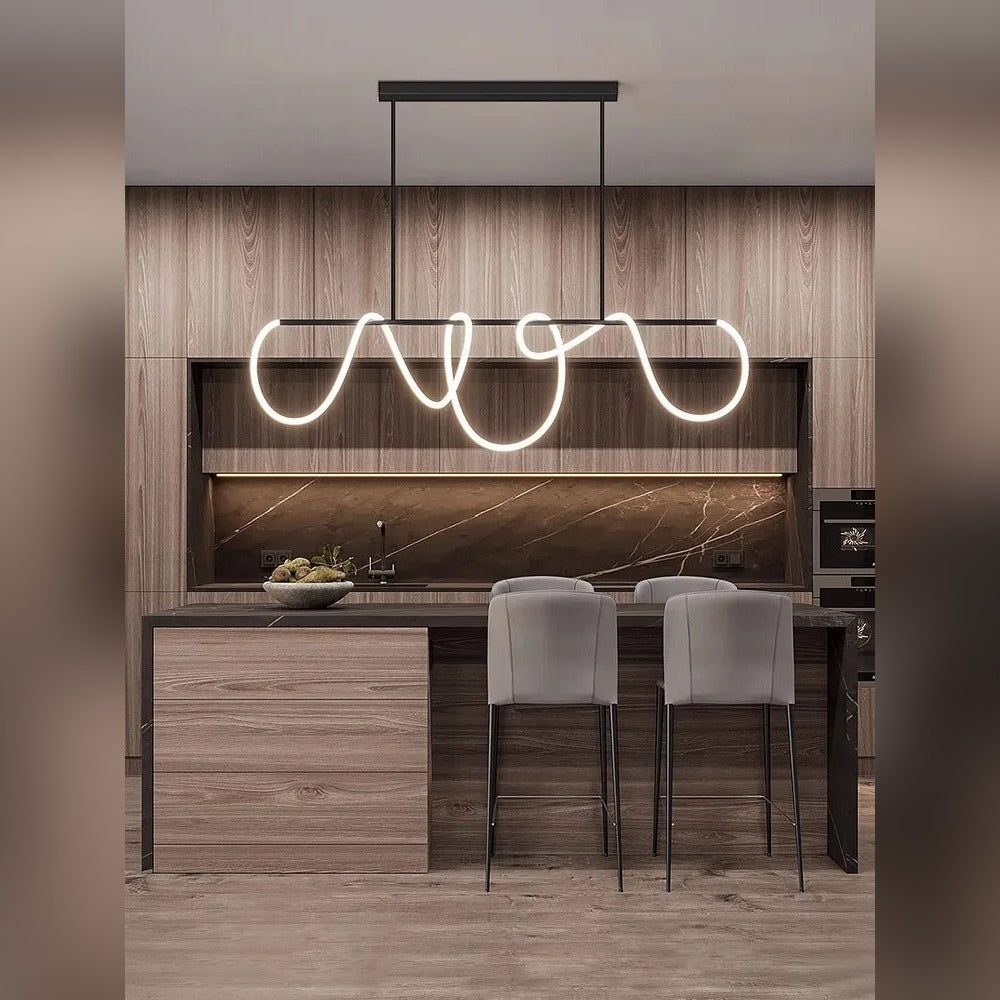 Delvoria sculptural LED pendant light in matte black, Long bar mount, kitchen island