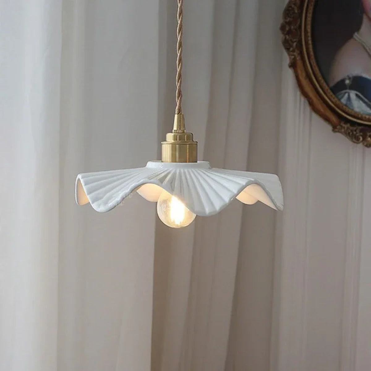 Cuprano fluted ceramic pendant light — lifestyle view, Wavy Petal shade