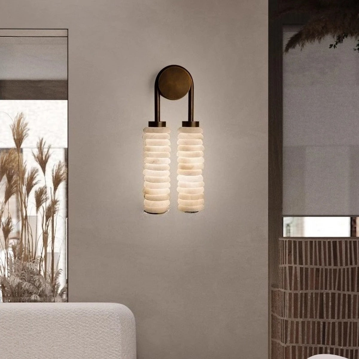 Double Alabaster Stacked Column Wall Sconce – Levorn – Lifestyle View 2
