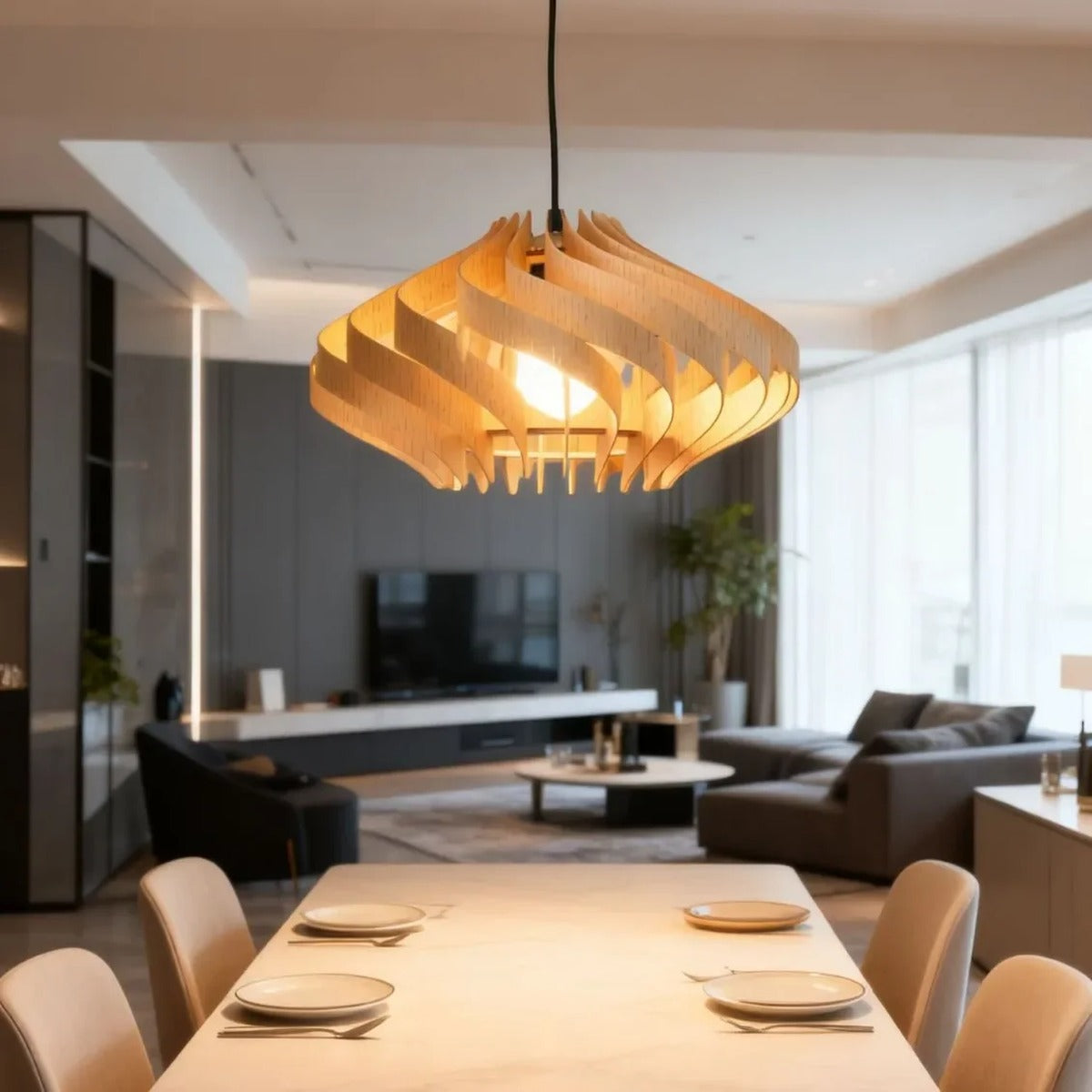 Layered Wood Veneer Pendant Light – Yolux – Hero Shot