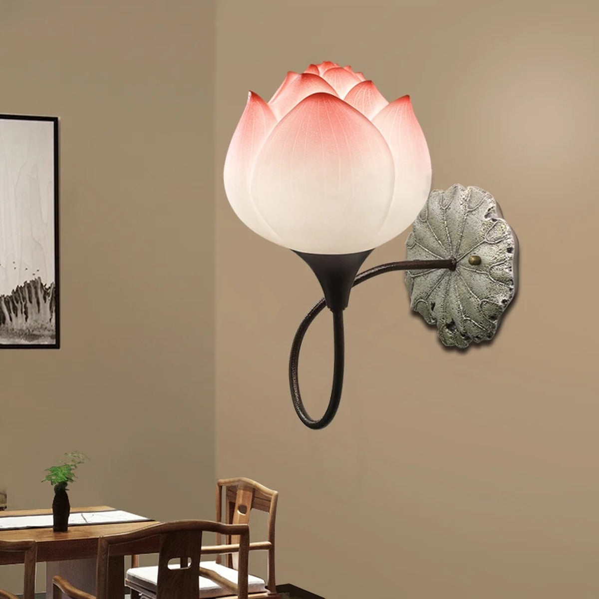 Luxanthe lotus flower resin wall sconce, lifestyle view in a dining room
