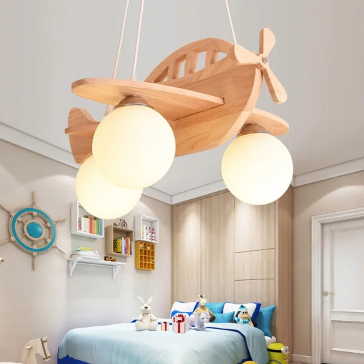 Wood Aircraft Chandelier Avirath — Natural Wood Finish, Bedroom Setting