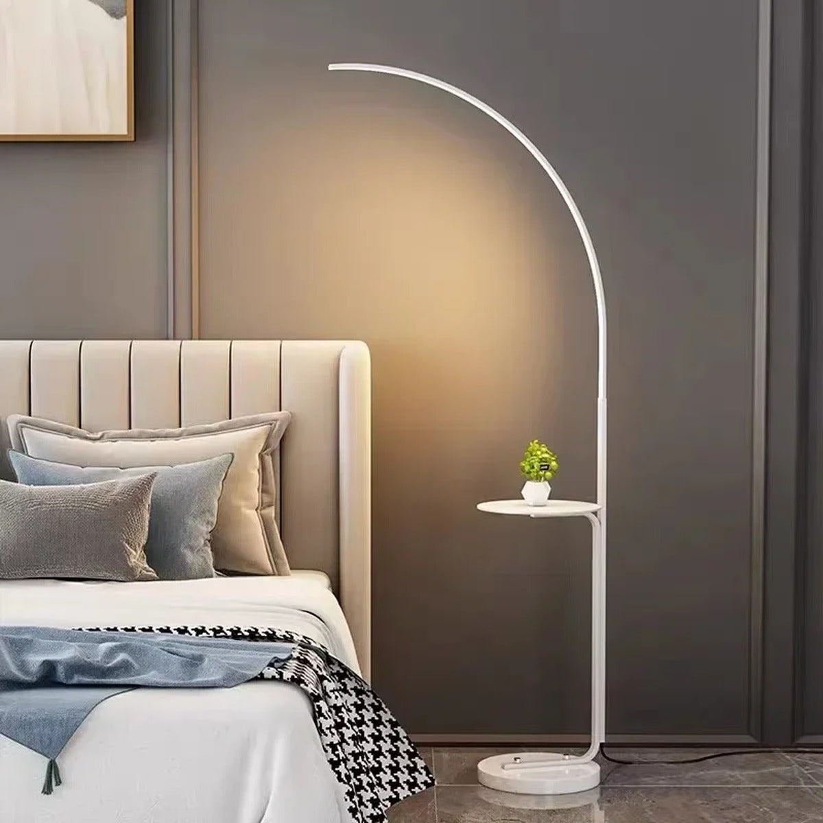 Arclume Arc Floor Lamp — White, bedroom lifestyle