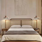 Terravox Travertine Pendant Light — pair over rattan bed headboard