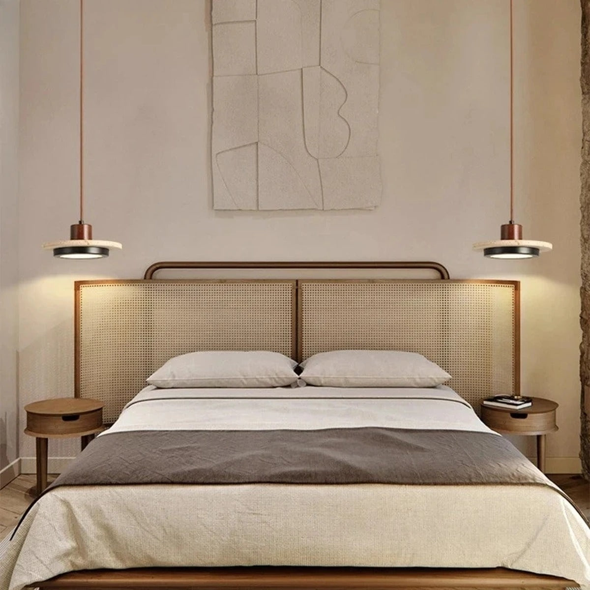 Terravox Travertine Pendant Light — pair over rattan bed headboard