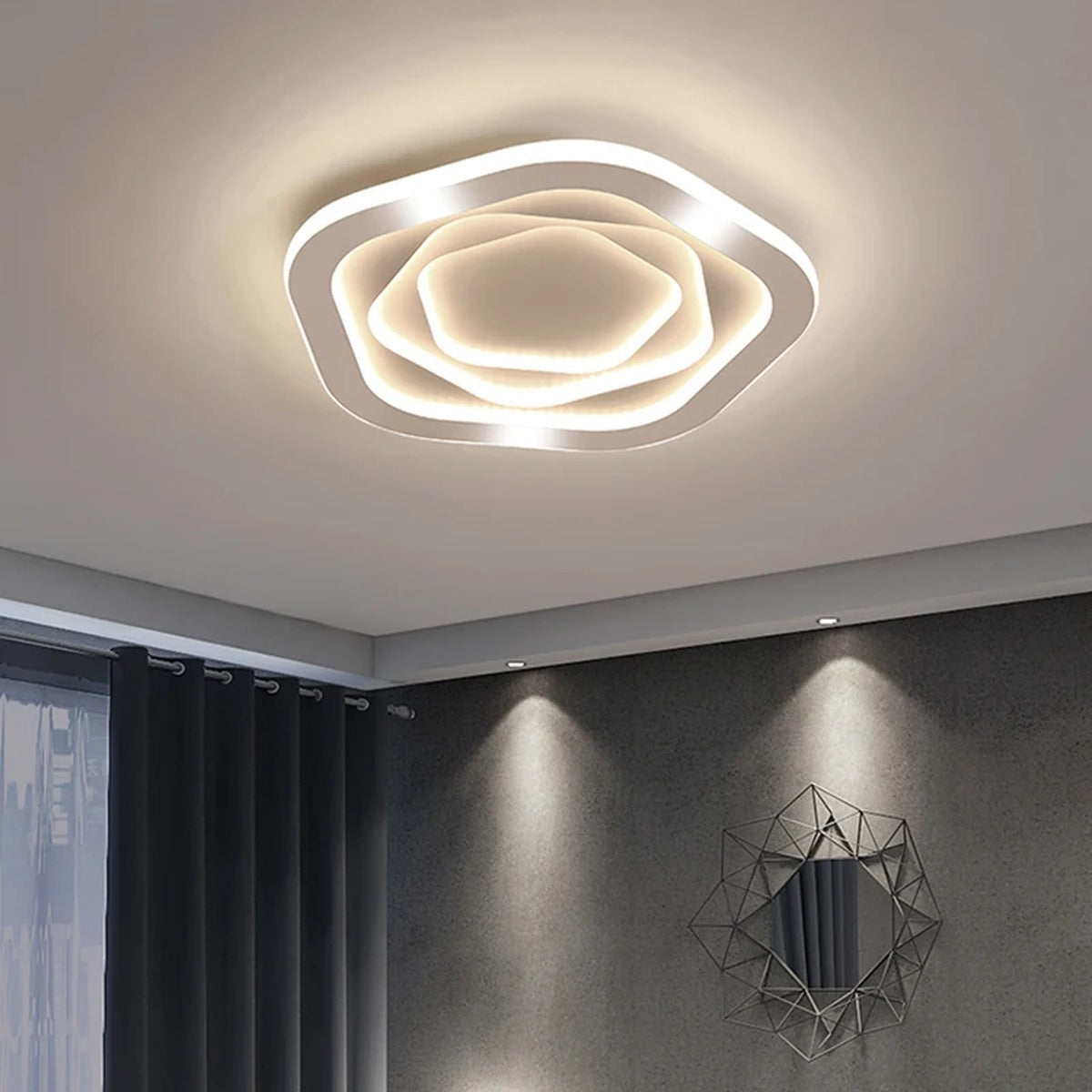 Layered Facet Flush Mount Ceiling Light – Faelora, white finish in a living room