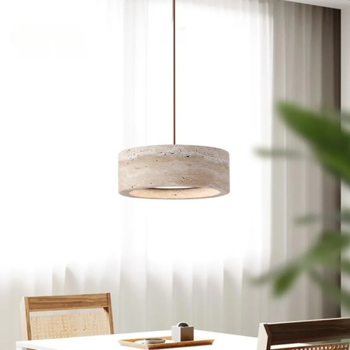 Natural Travertine Disc Pendant Light – Iaeston – Lifestyle View 4