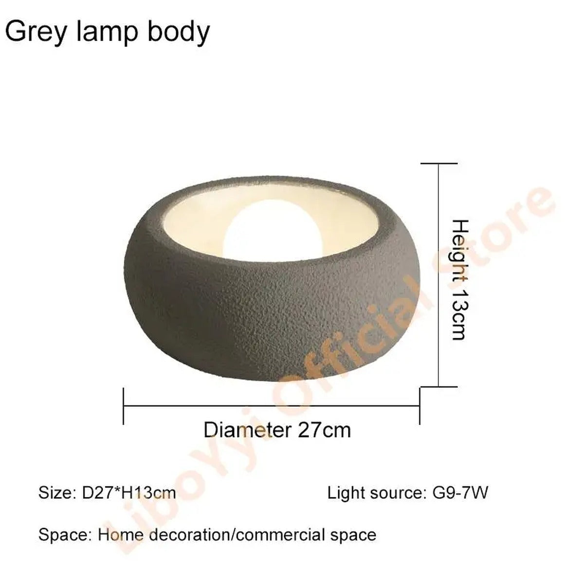 Gevoria — Grey finish, dimensions diagram Ø27cm x H13cm, G9-7W