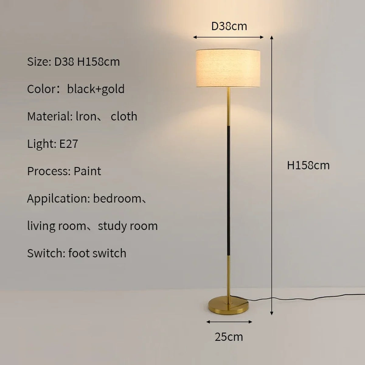 Silent linen drum floor lamp brass black stem contemporary