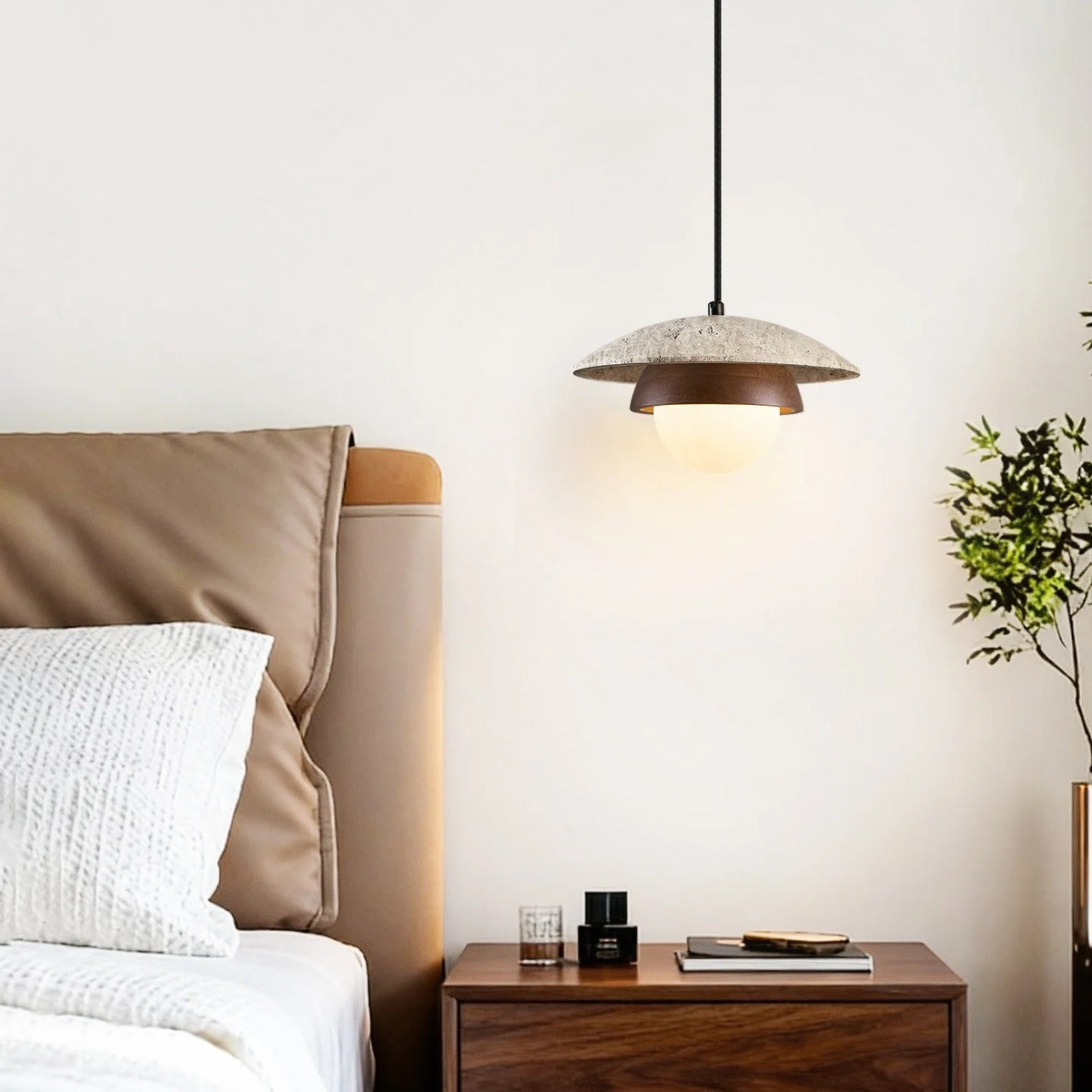 Petravo Travertine Dome Pendant - Bedroom Lifestyle View